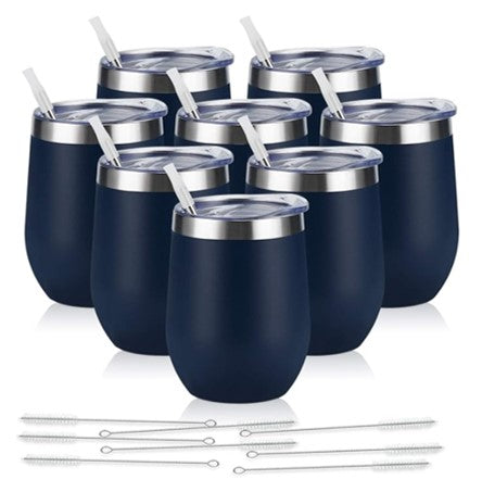 Stainless Steel Wine Tumblers Set of 8 – Insulated Stemless Cups with Lids