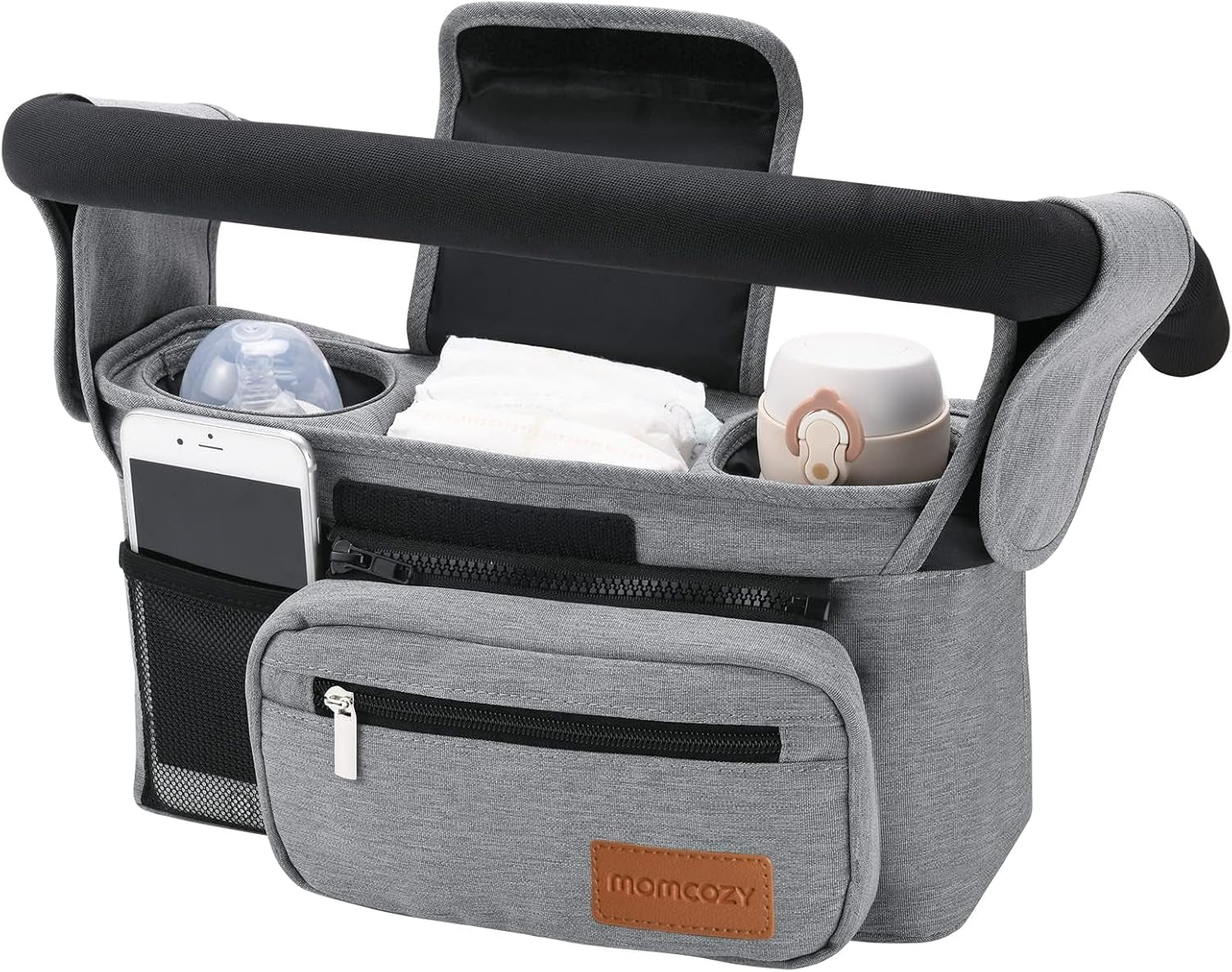 Universal Stroller Organizer with Insulated Cup Holder Detachable Phone Bag & Shoulder Strap, Fits for Stroller like Uppababy, Baby Jogger, Britax, BOB, Umbrella and Pet Stroller