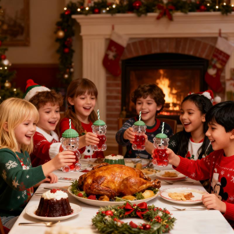 Holiday Bear Glass Cup with Straw, Cute Bear Cold Drink Cup, Festive Coffee & Beverage Glass, Adorable Bear Cup with Green Hat Lid, 2025 Seasonal Drinkware