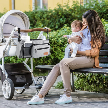 Universal Stroller Organizer with Insulated Cup Holder Detachable Phone Bag & Shoulder Strap, Fits for Stroller like Uppababy, Baby Jogger, Britax, BOB, Umbrella and Pet Stroller