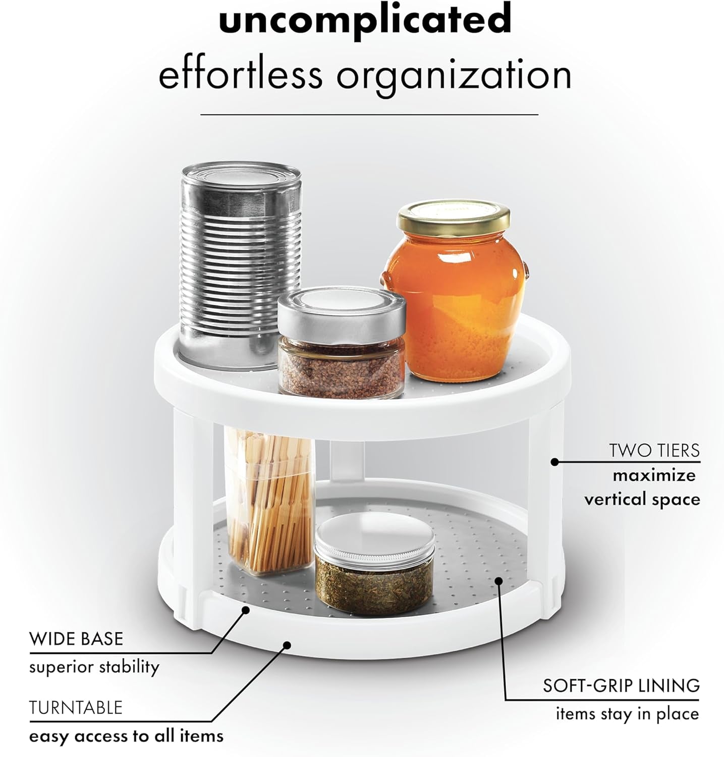 10" Two-Level Turntable, Tiered Spinning Organizer for Spices, Lazy Susan Organizer, Condiments & Pantry Items, Non-Slip Lining, Easy to Clean, White