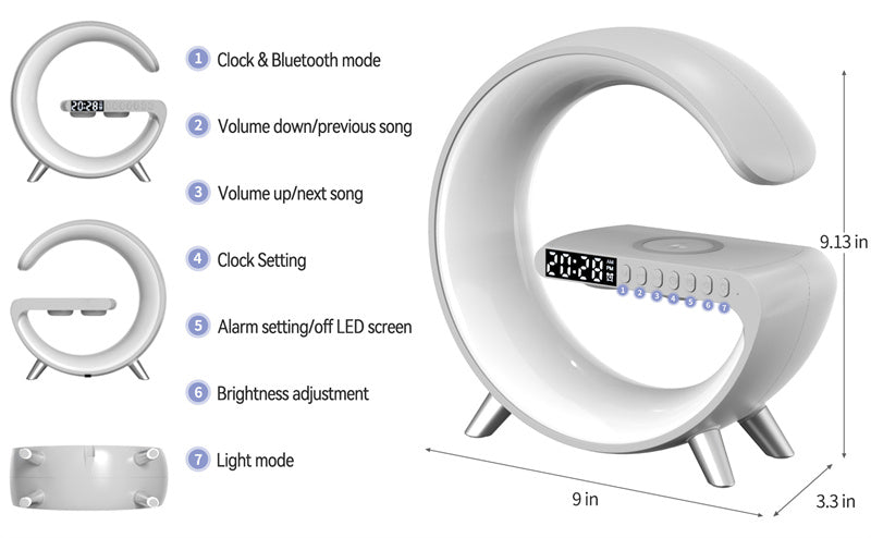 G-Shaped LED Atmosphere Lamp with Wireless Charging & Bluetooth Speaker