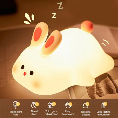 Cute Rabbit LED Night Light - Touch Control Silicone Lamp with Timer for Kids