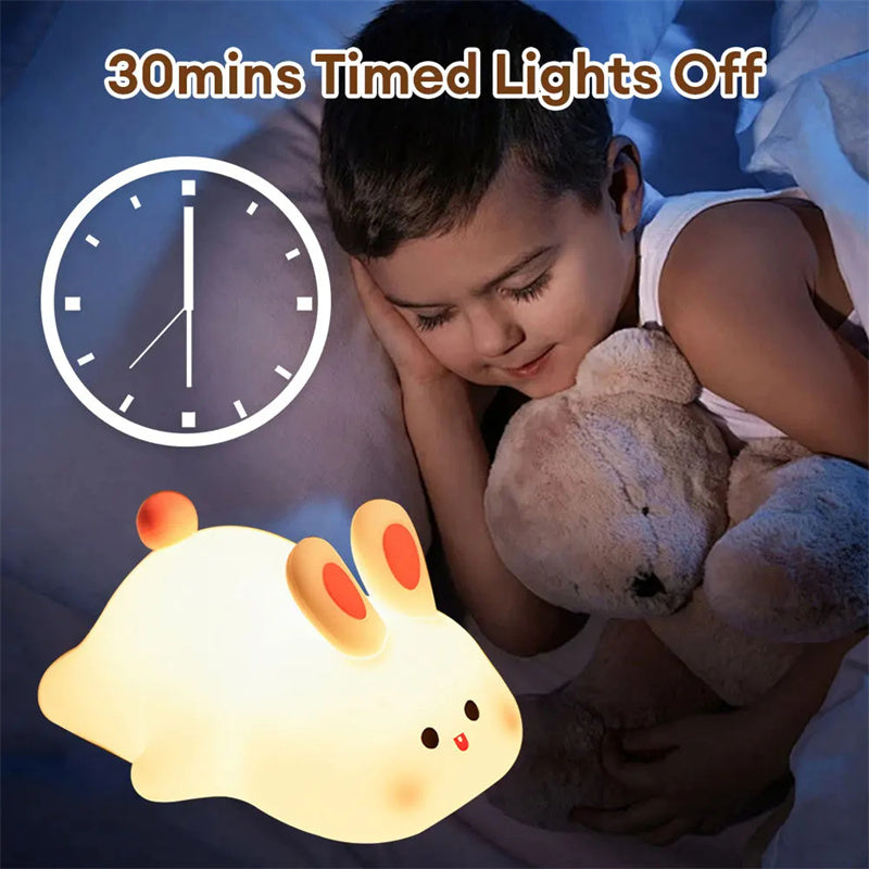 Cute Rabbit LED Night Light - Touch Control Silicone Lamp with Timer for Kids