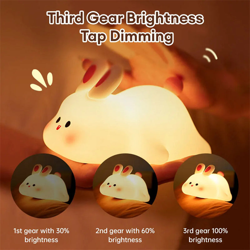 Cute Rabbit LED Night Light - Touch Control Silicone Lamp with Timer for Kids