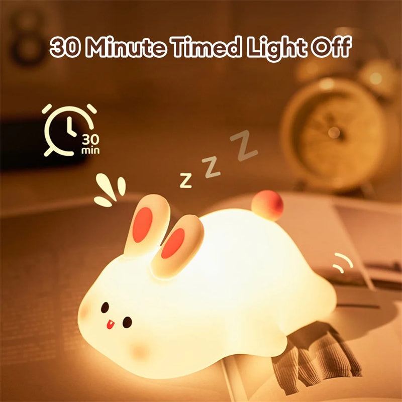 Cute Rabbit LED Night Light - Touch Control Silicone Lamp with Timer for Kids