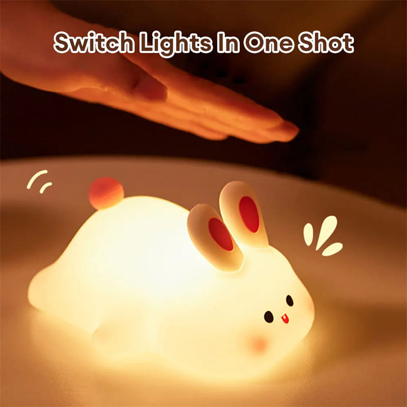 Cute Rabbit LED Night Light - Touch Control Silicone Lamp with Timer for Kids