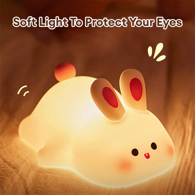 Cute Rabbit LED Night Light - Touch Control Silicone Lamp with Timer for Kids