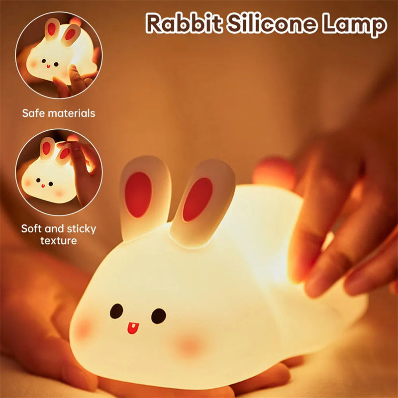 Cute Rabbit LED Night Light - Touch Control Silicone Lamp with Timer for Kids