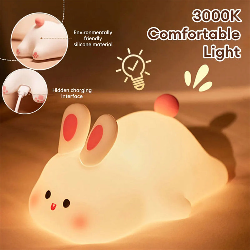 Cute Rabbit LED Night Light - Touch Control Silicone Lamp with Timer for Kids