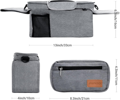 Universal Stroller Organizer with Insulated Cup Holder Detachable Phone Bag & Shoulder Strap, Fits for Stroller like Uppababy, Baby Jogger, Britax, BOB, Umbrella and Pet Stroller