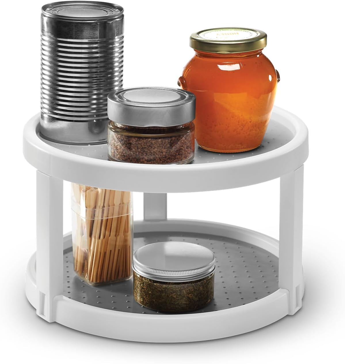 10" Two-Level Turntable, Tiered Spinning Organizer for Spices, Lazy Susan Organizer, Condiments & Pantry Items, Non-Slip Lining, Easy to Clean, White