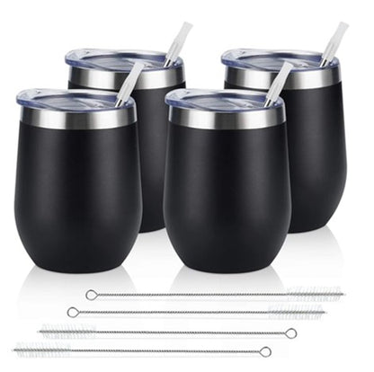 Stainless Steel Wine Tumblers Set of 8 – Insulated Stemless Cups with Lids