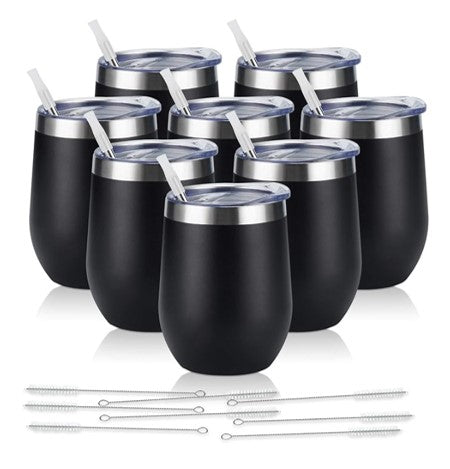Stainless Steel Wine Tumblers Set of 8 – Insulated Stemless Cups with Lids