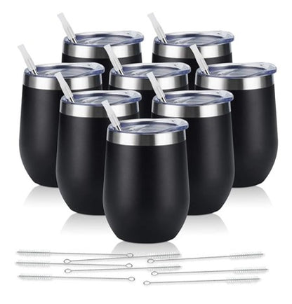 Stainless Steel Wine Tumblers Set of 8 – Insulated Stemless Cups with Lids