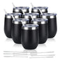 Stainless Steel Wine Tumblers Set of 8 – Insulated Stemless Cups with Lids