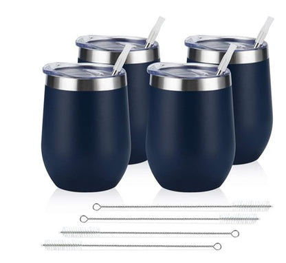 Stainless Steel Wine Tumblers Set of 8 – Insulated Stemless Cups with Lids