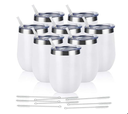 Stainless Steel Wine Tumblers Set of 8 – Insulated Stemless Cups with Lids