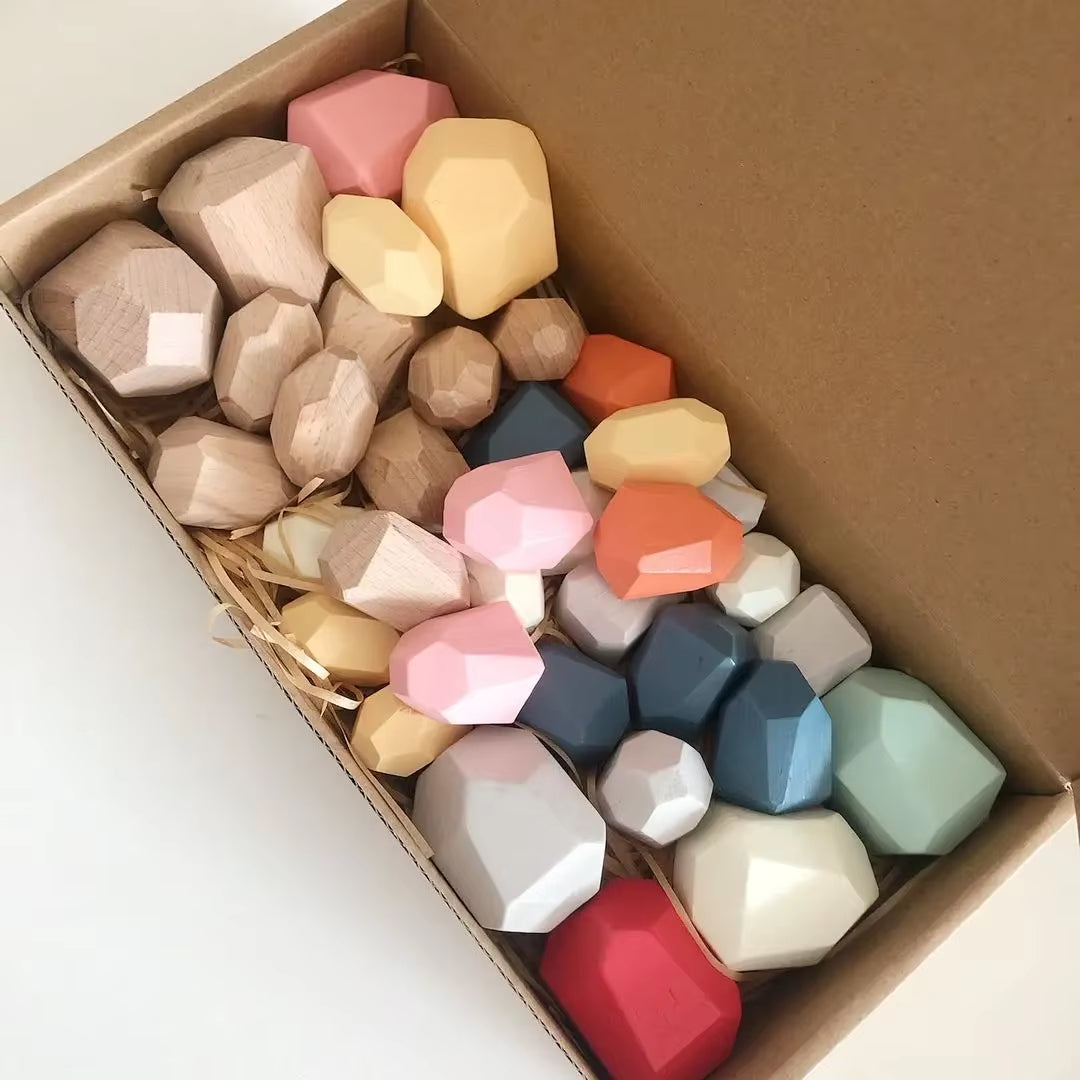 Montessori Wooden Sorting Stacking Rocks Stones Sensory Toddler Toys Learning Toys Building Blocks Game for Kids Birthday Gifts