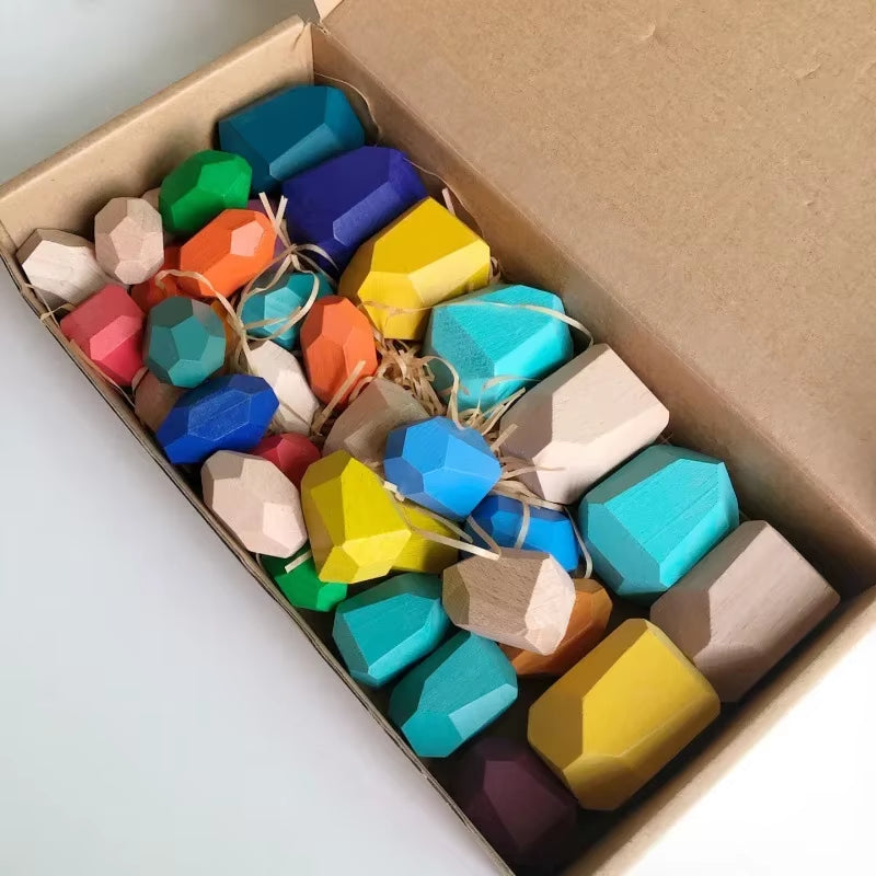 Montessori Wooden Sorting Stacking Rocks Stones Sensory Toddler Toys Learning Toys Building Blocks Game for Kids Birthday Gifts