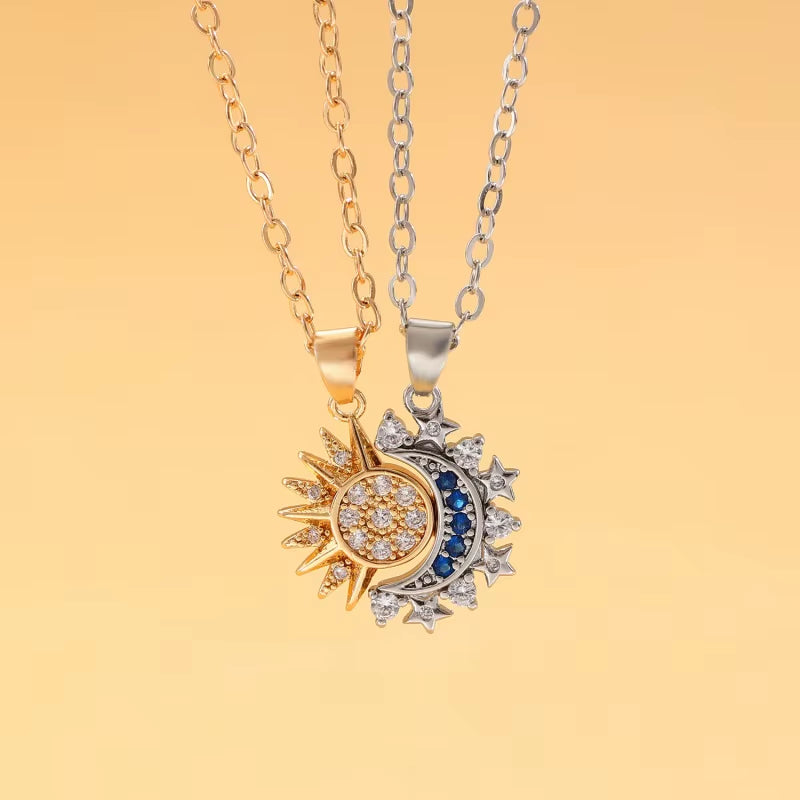 2Pcs/Set Magnetic Couple Matching Necklace Sun Moon Heart Shape Magnet Paired Pendant Jewelry Chain Choker Fashion Lover Gift