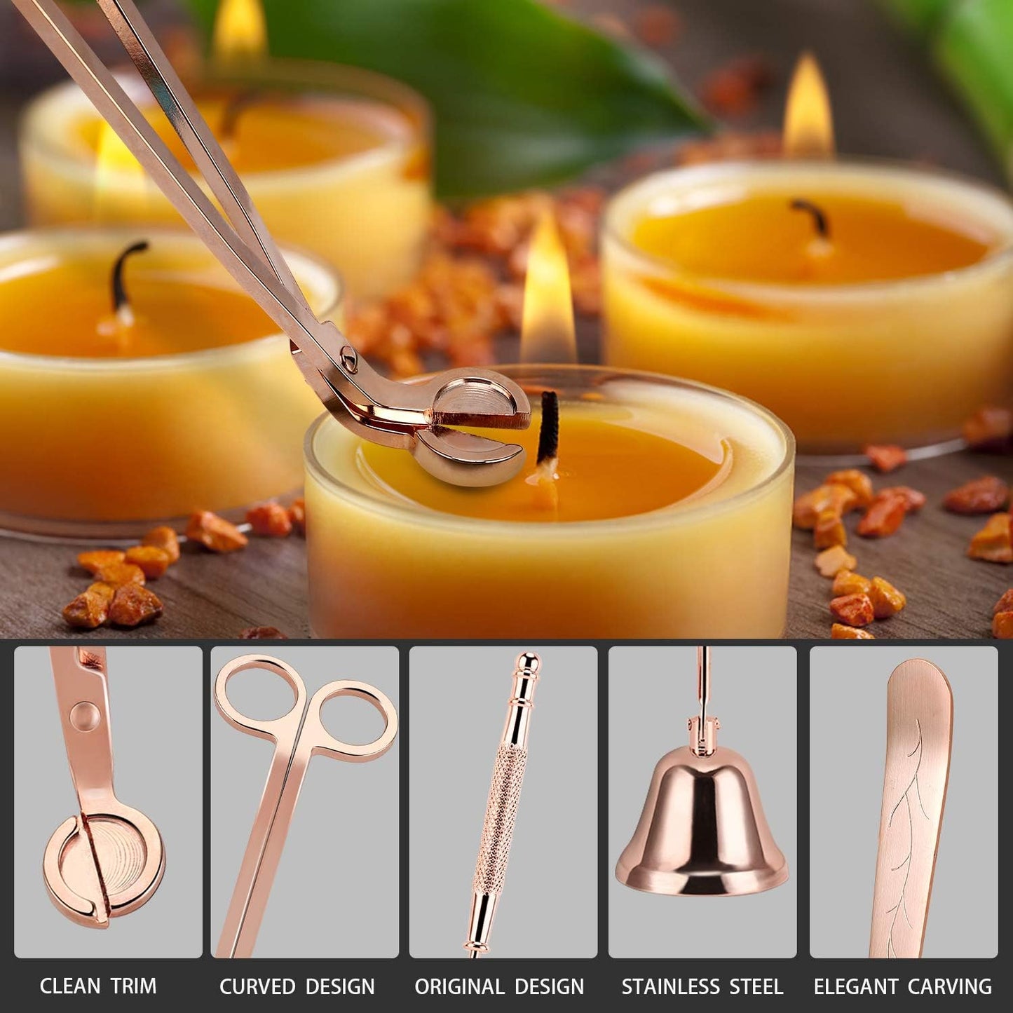 3 in 1 Candle Accessory Set - Candle Wick Trimmer, Cutter, Snuffer Extinguisher, Dipper - Rose Gold - Women'S Day Gift