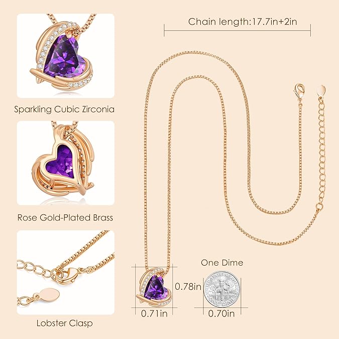 Love Heart Pendant Necklaces for Women, Silver Tone Rose Gold Tone Birthstone Jewelry Gifts for Wife Her