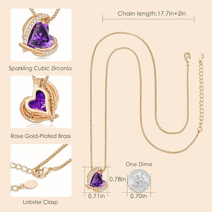 Love Heart Pendant Necklaces for Women, Silver Tone Rose Gold Tone Birthstone Jewelry Gifts for Wife Her