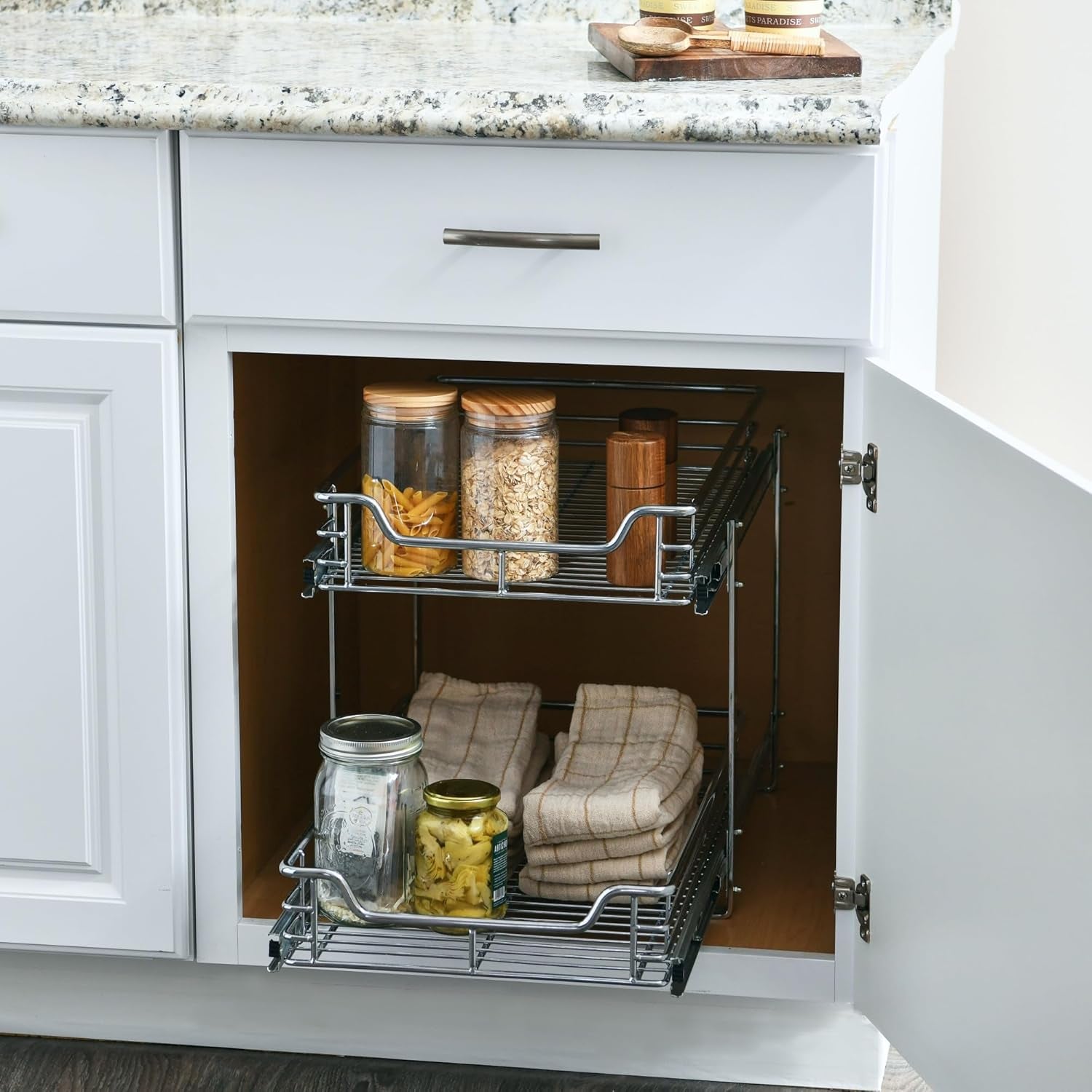 Glidez Multipurpose Chrome-Plated Steel Pull-Out/Slide-Out Basket Storage Organizer for under Cabinet Use - 2-Tier Design - Fits Standard Size Cabinet or Shelf, Chrome