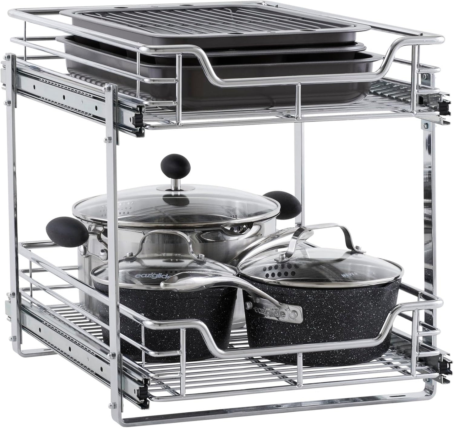 Glidez Multipurpose Chrome-Plated Steel Pull-Out/Slide-Out Basket Storage Organizer for under Cabinet Use - 2-Tier Design - Fits Standard Size Cabinet or Shelf, Chrome