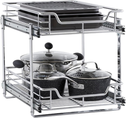 Glidez Multipurpose Chrome-Plated Steel Pull-Out/Slide-Out Basket Storage Organizer for under Cabinet Use - 2-Tier Design - Fits Standard Size Cabinet or Shelf, Chrome