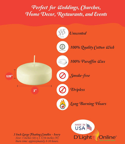 Set of 72 Large 3 Inch Floating Candles Bulk Pack for Events, Centerpieces at Weddings, Spa, Pool, Home Décor, for Cylinder Vases, Special Occasions and Decor (Ivory)