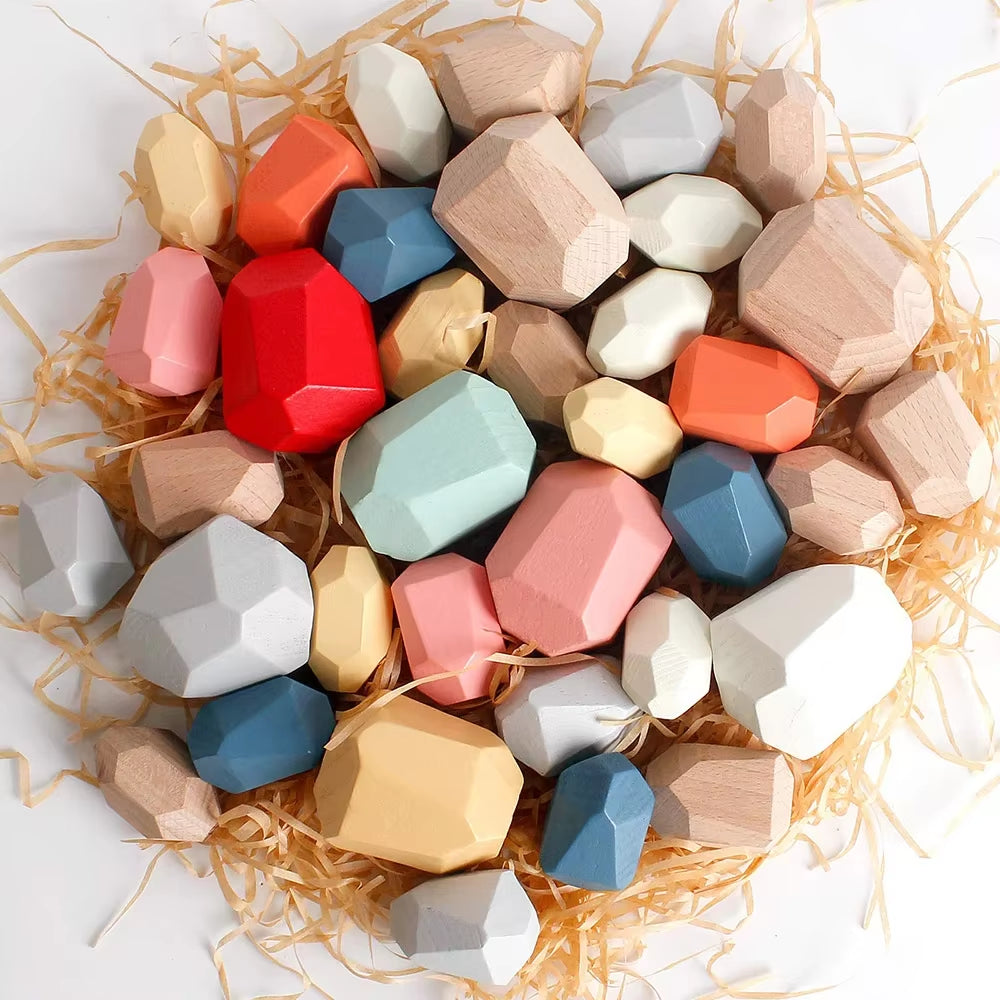 Montessori Wooden Sorting Stacking Rocks Stones Sensory Toddler Toys Learning Toys Building Blocks Game for Kids Birthday Gifts
