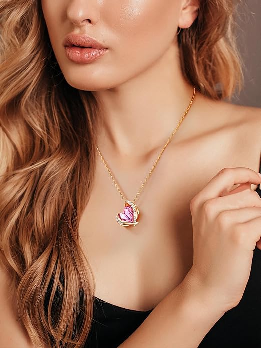 Love Heart Pendant Necklaces for Women, Silver Tone Rose Gold Tone Birthstone Jewelry Gifts for Wife Her