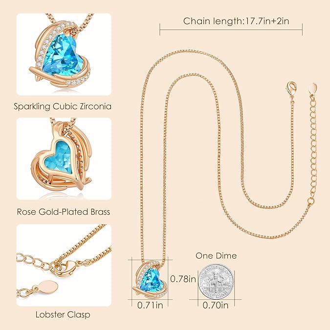 Love Heart Pendant Necklaces for Women, Silver Tone Rose Gold Tone Birthstone Jewelry Gifts for Wife Her