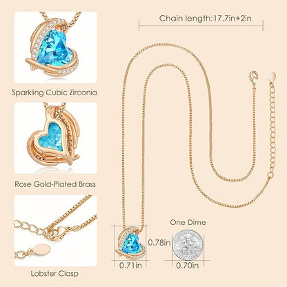 Love Heart Pendant Necklaces for Women, Silver Tone Rose Gold Tone Birthstone Jewelry Gifts for Wife Her