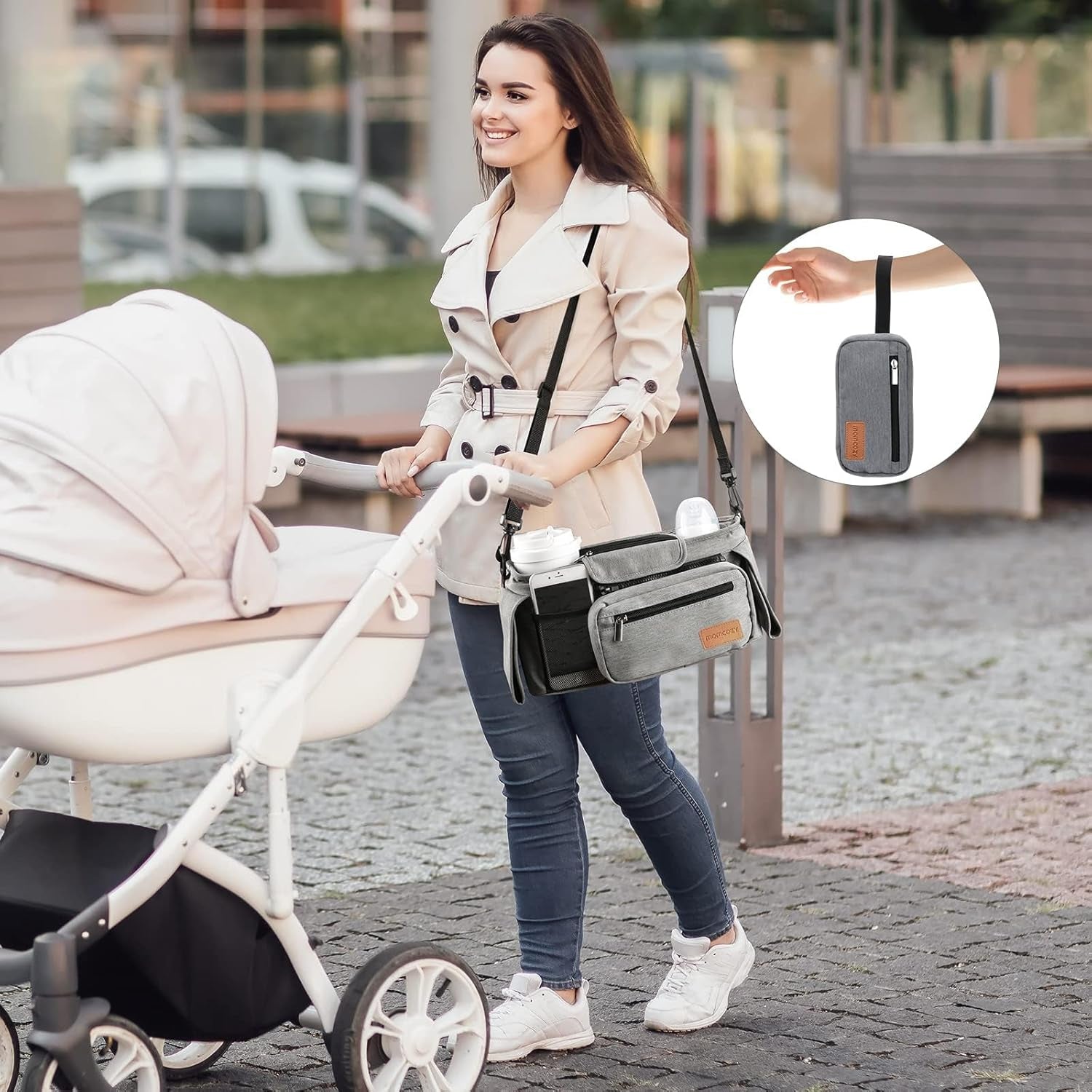 Universal Stroller Organizer with Insulated Cup Holder Detachable Phone Bag & Shoulder Strap, Fits for Stroller like Uppababy, Baby Jogger, Britax, BOB, Umbrella and Pet Stroller
