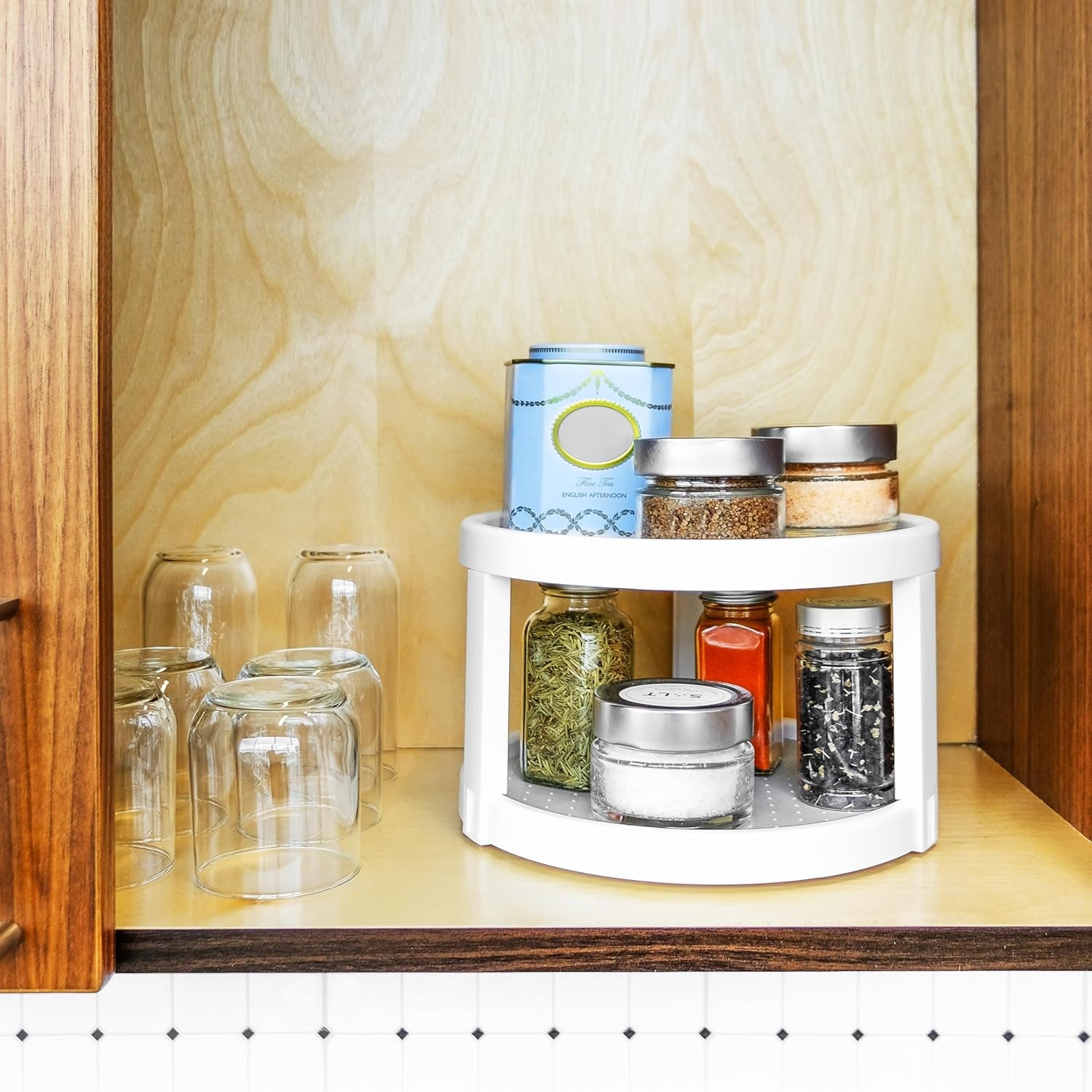 10" Two-Level Turntable, Tiered Spinning Organizer for Spices, Lazy Susan Organizer, Condiments & Pantry Items, Non-Slip Lining, Easy to Clean, White
