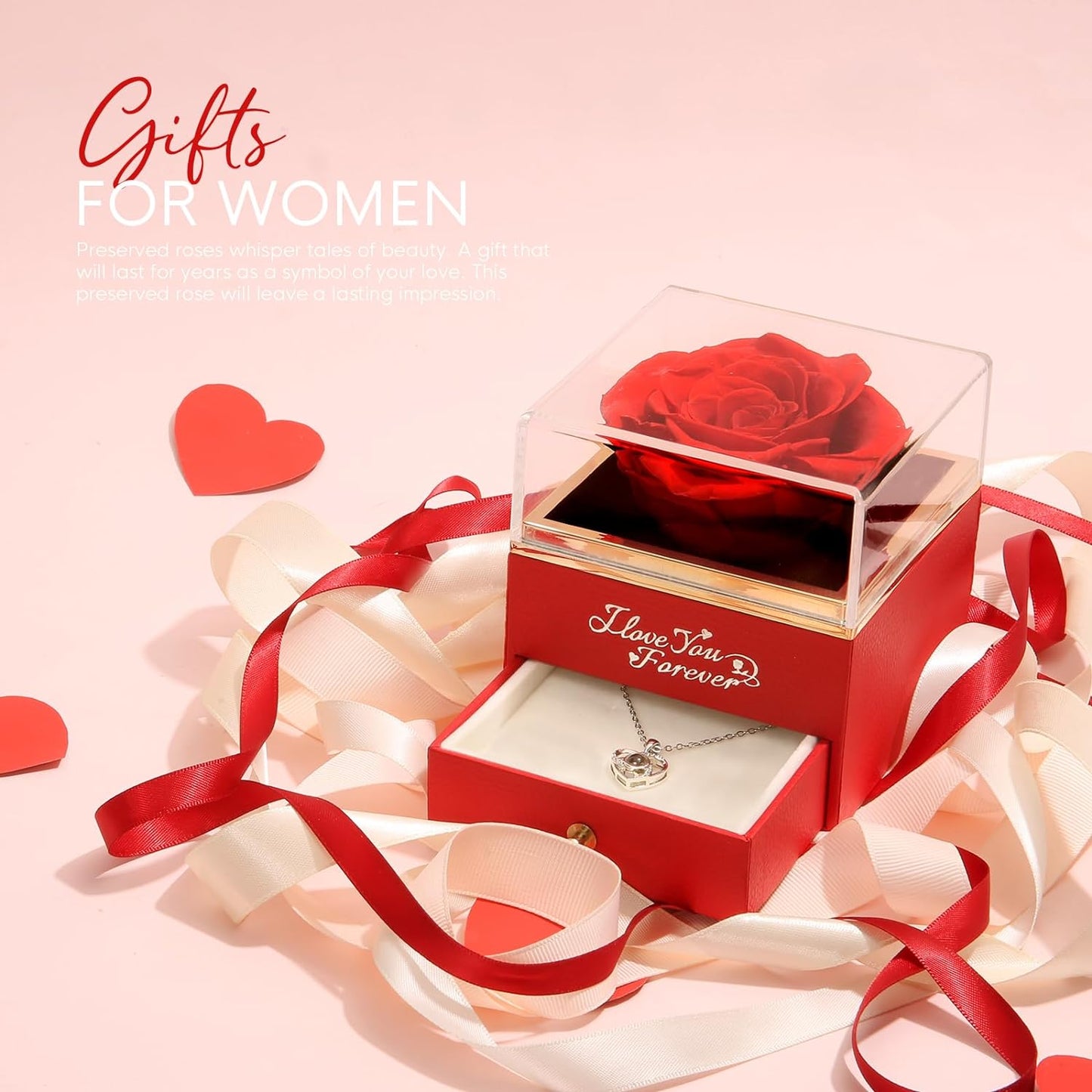 Preserved Flowers Real Red Rose with I Love You Necklace - Eternal Rose Gifts for Her at Valentine'S Day, Anniversary or Birthday Gifts for Women