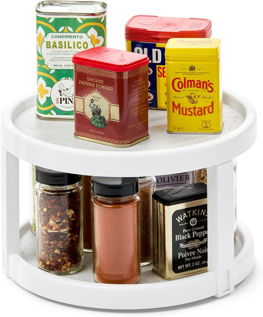 10" Two-Level Turntable, Tiered Spinning Organizer for Spices, Lazy Susan Organizer, Condiments & Pantry Items, Non-Slip Lining, Easy to Clean, White