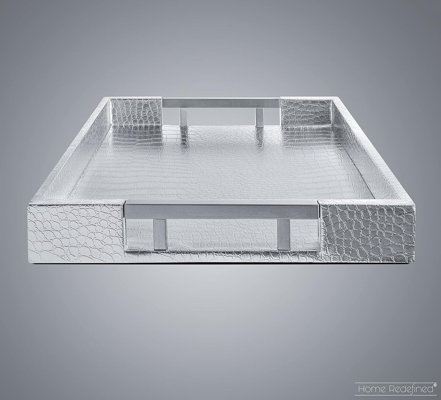 Modern Elegant 17.5"X12" Rectangle Glossy Silver Crocodile Faux Leather Tray Decorative Ottoman Coffee Table Display Perfume Dresser Kitchen Serving Tray with Silver Metal Handles by
