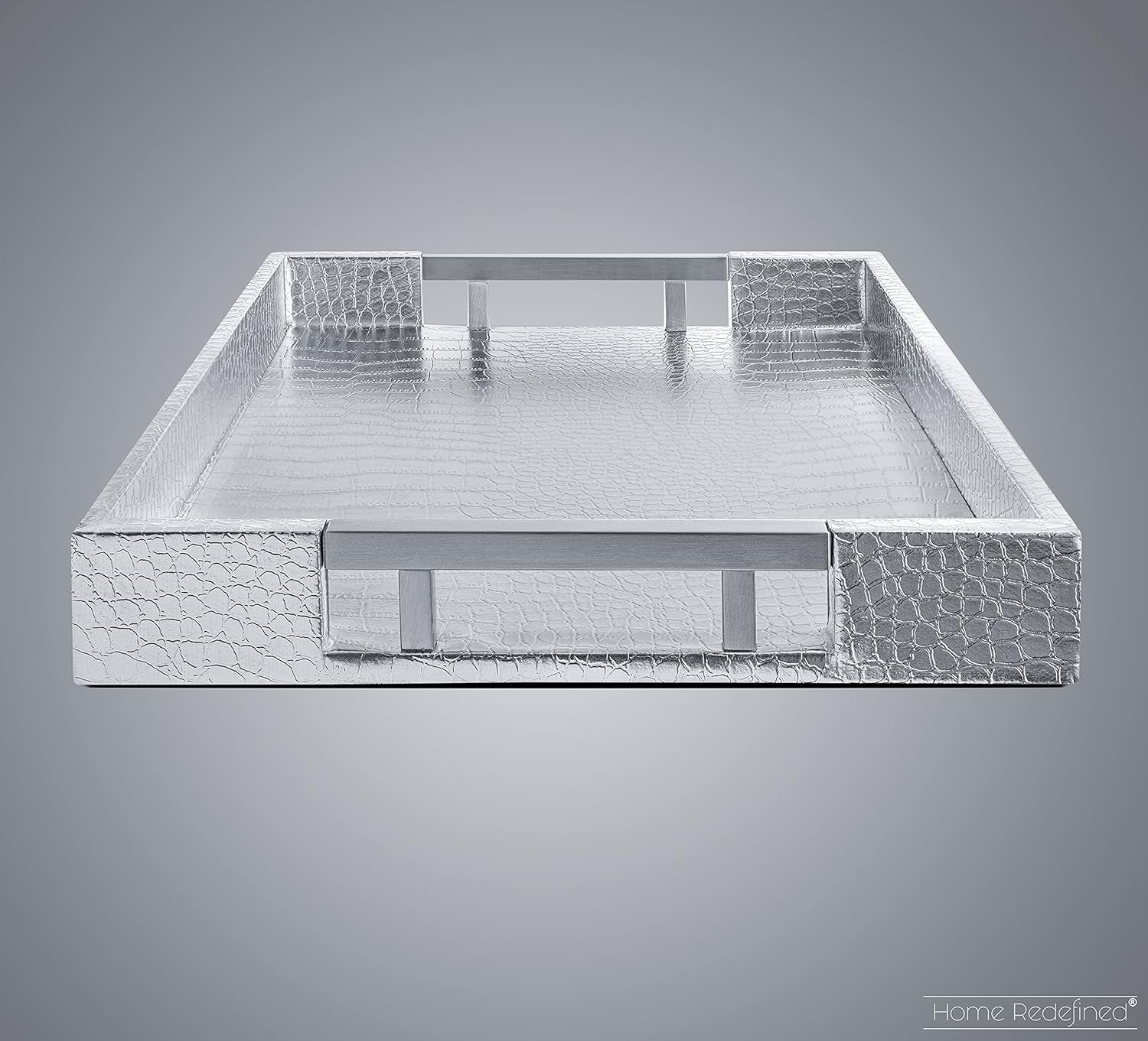 Modern Elegant 17.5"X12" Rectangle Glossy Silver Crocodile Faux Leather Tray Decorative Ottoman Coffee Table Display Perfume Dresser Kitchen Serving Tray with Silver Metal Handles by