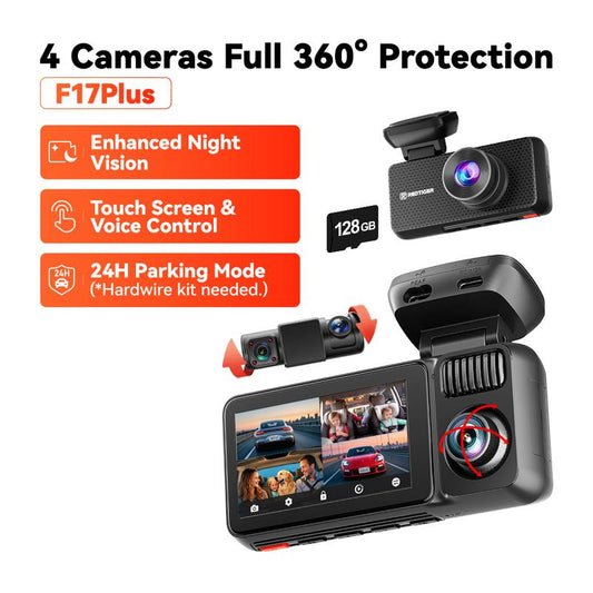 REDTIGER F17 plus 4 Channel Dash Cam 2.7K+1080P*3 STARVIS 2 128GB Card 360° Front inside Rear IR Night Vision 5Ghz Wifi GPS Voice Control Touchscreen Parking Mode Holiday Haul
