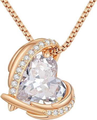 Love Heart Pendant Necklaces for Women, Silver Tone Rose Gold Tone Birthstone Jewelry Gifts for Wife Her