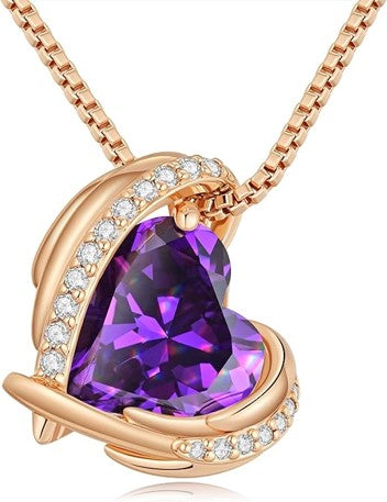 Love Heart Pendant Necklaces for Women, Silver Tone Rose Gold Tone Birthstone Jewelry Gifts for Wife Her