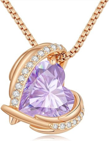 Love Heart Pendant Necklaces for Women, Silver Tone Rose Gold Tone Birthstone Jewelry Gifts for Wife Her