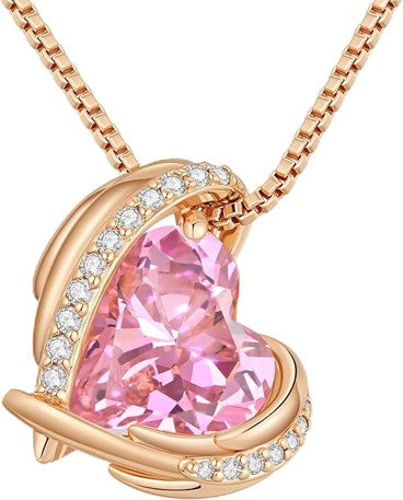 Love Heart Pendant Necklaces for Women, Silver Tone Rose Gold Tone Birthstone Jewelry Gifts for Wife Her