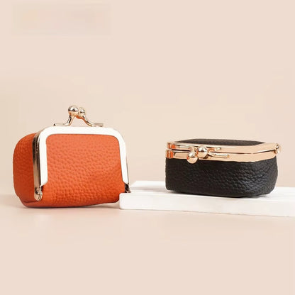 Genuine Leather Kiss Lock Coin Purse - Mini Square Jewelry Bag for Earrings & Small Items
