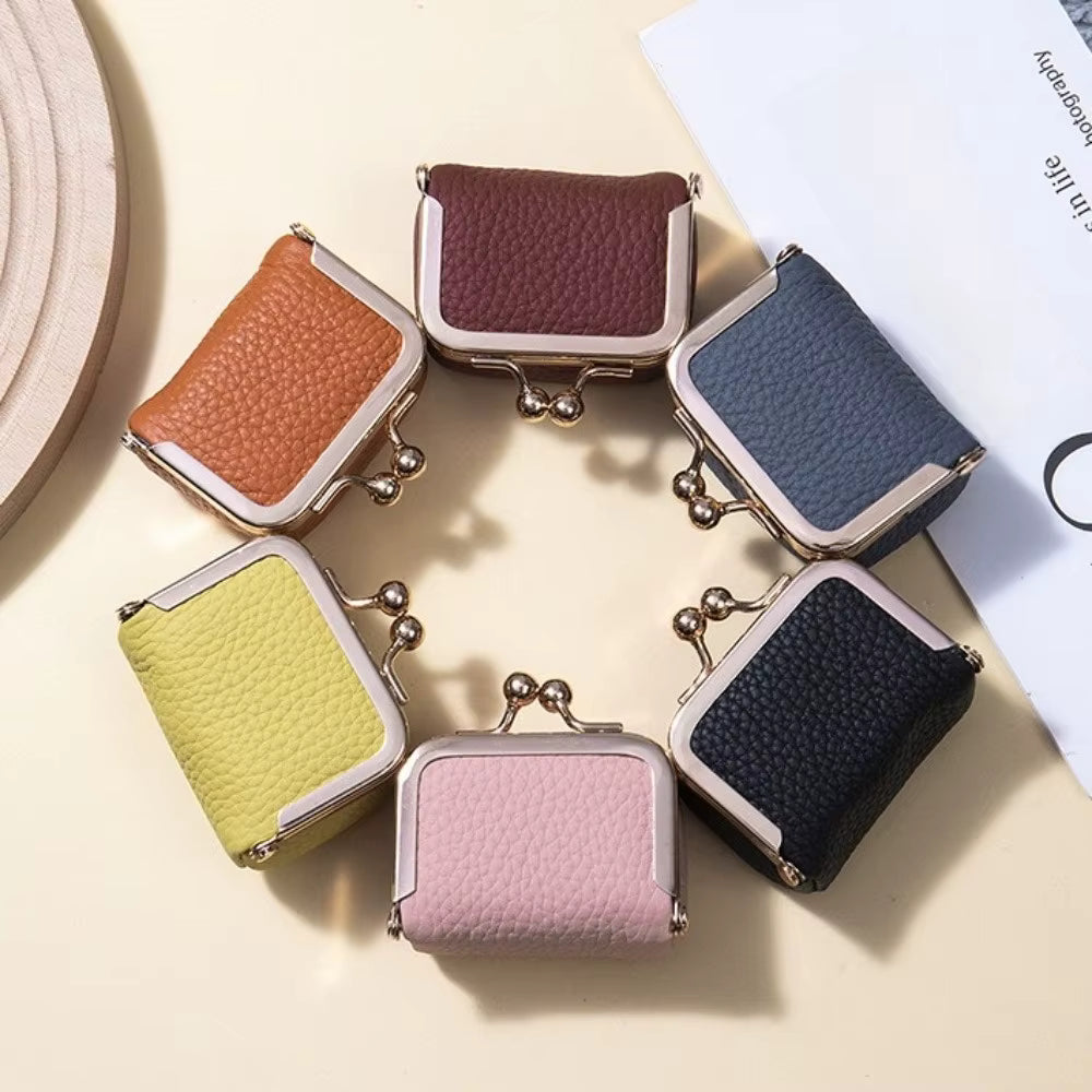 Genuine Leather Kiss Lock Coin Purse - Mini Square Jewelry Bag for Earrings & Small Items