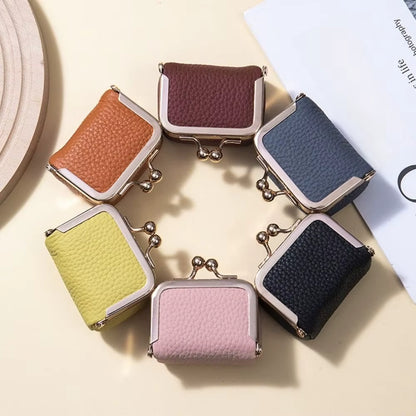 Genuine Leather Kiss Lock Coin Purse - Mini Square Jewelry Bag for Earrings & Small Items